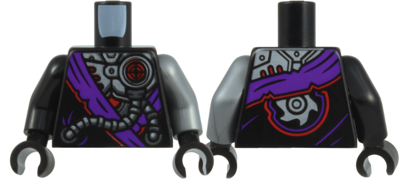 Black robe torso with silver mechanical armor and purple fabric, one silver arm and one black arm, with black hands.