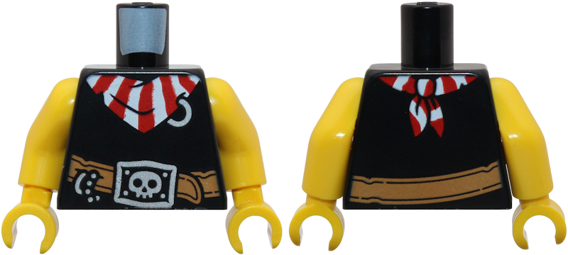 Black pirate torso with yellow arms and hands, featuring a red and white striped bandana and a belt with a skull buckle.