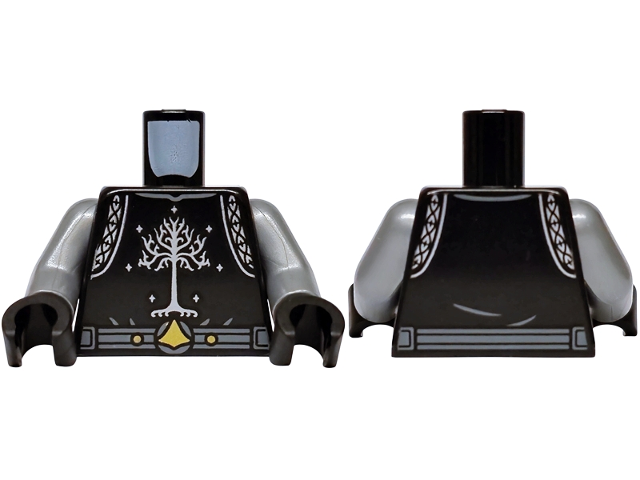 Black torso with a white tree and silver armor patterns, featuring flat silver arms and black hands.