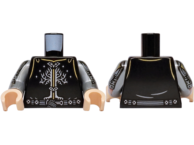 Black armor torso with flat silver arms and light nougat hands, featuring the White Tree of Gondor and gold highlights.