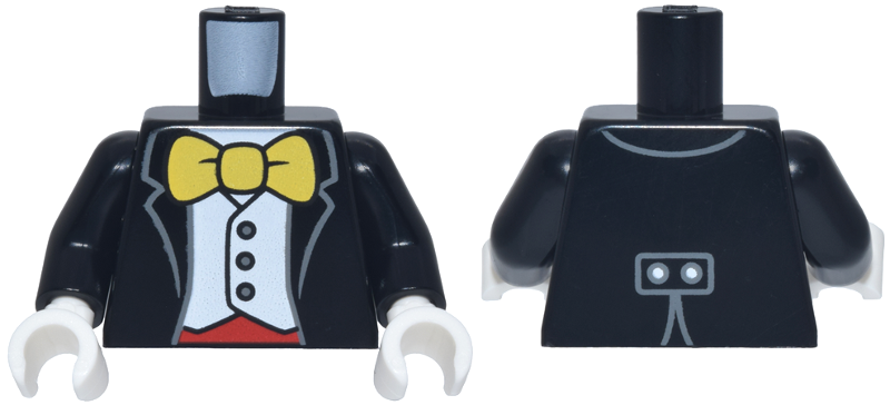 Black torso with black arms and white hands. Features an open black tuxedo jacket over a white vest and a large yellow bow tie.