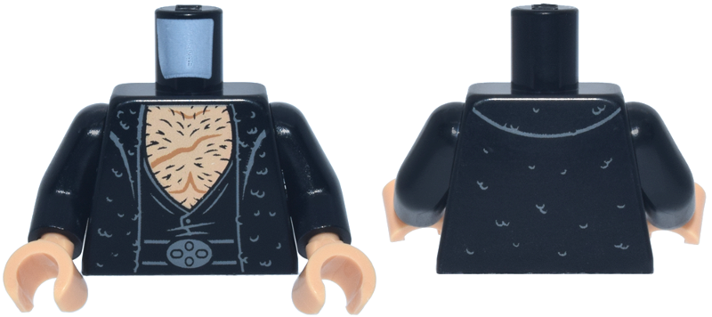 Black torso with black arms and medium tan hands. Features a textured jacket open to show a hairy chest with a scar.