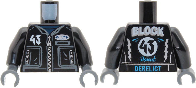 Torso Racing Jacket with Dark Blue Undershirt, Dark Bluish Gray Collar and Pockets, White '43', Silver Zippers and Ford Logo, 'BLOCK', Dark Azure 'Donut' and 'DERELICT' on Back Pattern / Black Arms / Dark Bluish Gray Hands in Black