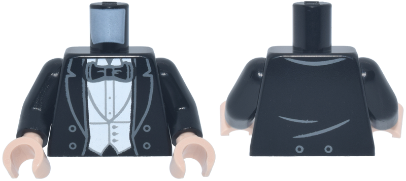 Black tuxedo jacket torso, white vest and bow tie