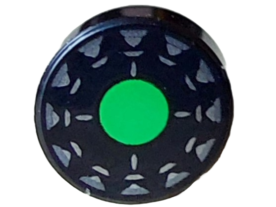 Tile, Round 1 x 1 with Bright Green Circle, Silver Stripes and Dark Silver Triangles Pattern