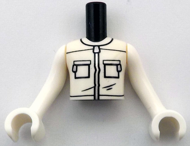 Torso Mini Doll Boy White Jacket with Black Pockets, Seams and Folds and Silver Zippers Pattern, White Arms with Hands