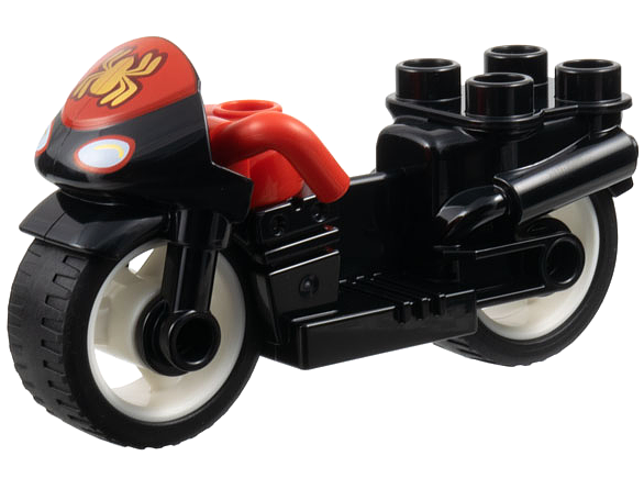 Duplo Motorcycle with Rubber Wheels and Red Handlebars with Headlights and Gold Spider-Man Logo on Red Windshield Pattern