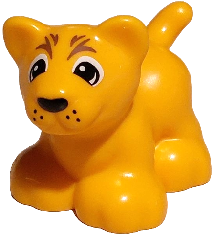 Duplo Cat, Large, Baby Cub, Standing (Lion) with Black and White Eyes, Nose and Whisker Dots, Medium Brown Stripes Pattern