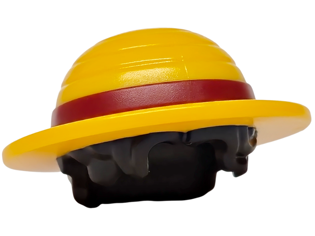 Minifigure, Hair Combo, Hat with Hair, Straw Hat with Molded Dark Red Band and Black Short Hair Pattern