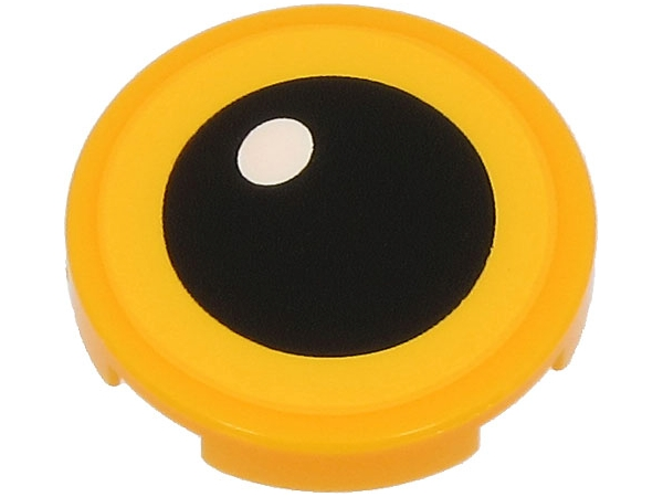 Tile, Round 2 x 2 with Bottom Stud Holder with Yellow Eye, Black Pupil and White Glint Pattern