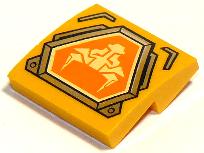 Slope, Curved 2 x 2 x 2/3 with Bright Light Yellow Bull Head on Orange Hexagonal Shield with Silver Border Pattern