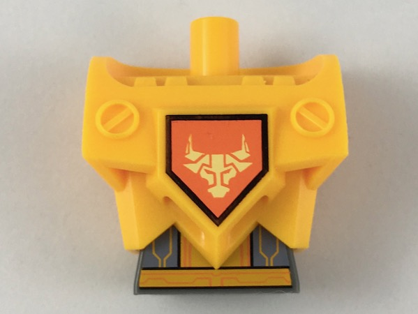 Torso, Modified Oversized with Armor with Pin Holes with Dark Bluish Gray Midriff with Circuitry and Yellow Bull Head on Orange Shield Pattern