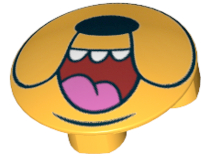 Plate, Round 2 x 2 with Rounded Bottom (Boat Stud) with Black Dog Nose, Jowls, Dark Red Open Mouth Smile with 3 White Teeth and Dark Pink Tongue Pattern (Adventure Time Jake Snout)