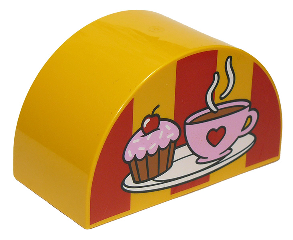 Duplo, Brick 2 x 4 x 2 Slope Curved Double with Coffee Cup with Heart and Cupcake on Plate Pattern