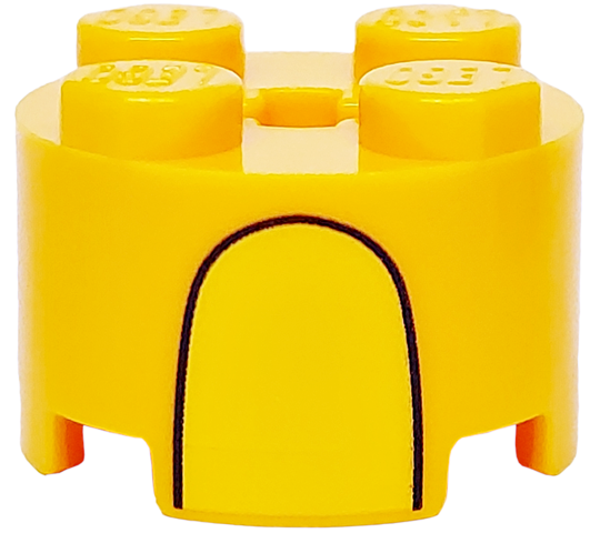 Brick, Round 2 x 2 with Axle Hole with Yellow Stripe and Curved Black Line Pattern