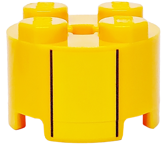 Brick, Round 2 x 2 with Axle Hole with Yellow Stripe and Black Lines Pattern