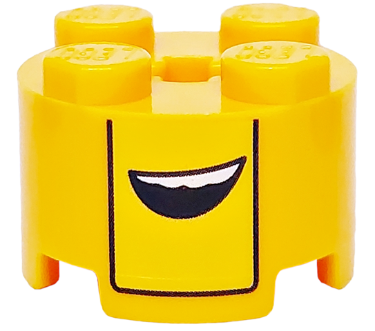 Brick, Round 2 x 2 with Axle Hole with Yellow Stripe, Black Bent Line and Open Mouth with White Teeth Pattern