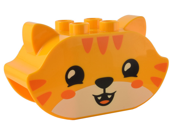 Duplo, Brick 2 x 5 x 2 1/2 Pointed Ends, Ears on Sides with Black Eyes and Nose, White Face, Orange Stripes, and Open Eyes / Closed Eyes Pattern