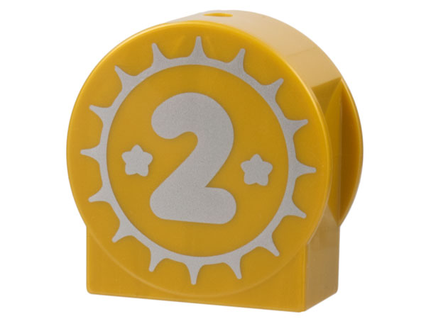 Duplo, Brick 1 x 2 x 2 Round Top, Cut Away Sides with Silver Sun, Stars, and Number 2 Pattern
