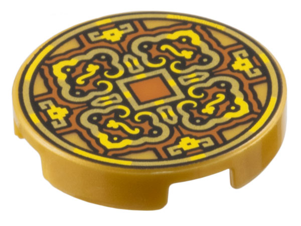 Tile, Round 2 x 2 with Bottom Stud Holder with Gold and Yellow 4 Petal Flower Design and Square on Dark Orange Background Pattern (Coin)