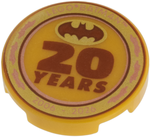 Tile, Round 2 x 2 with Bottom Stud Holder with Copper 'LEGO BATMAN 2006 - 2026', Dark Orange '20 Years', Bat Symbol, Gold and Copper Border Pattern
