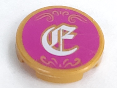 Tile, Round 2 x 2 with Bottom Stud Holder with Filigree and White Character on Magenta Background Pattern