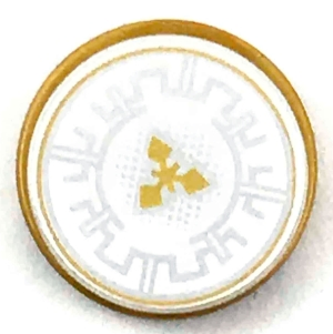 Tile, Round 2 x 2 with Bottom Stud Holder with Silver Crenelations and Gold Throwing Star Pattern