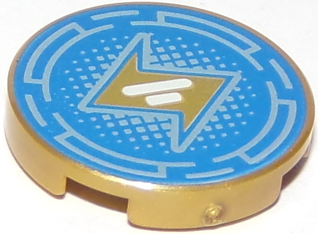 Tile, Round 2 x 2 with Bottom Stud Holder with Gold Lightning Bolt and Metallic Light Blue Broken Circles and Dots on Blue Background Pattern