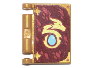 Minifigure, Utensil Book Cover with Gold Dragon Head, Red Diamonds, Medium Azure Egg on Dark Red Background Pattern