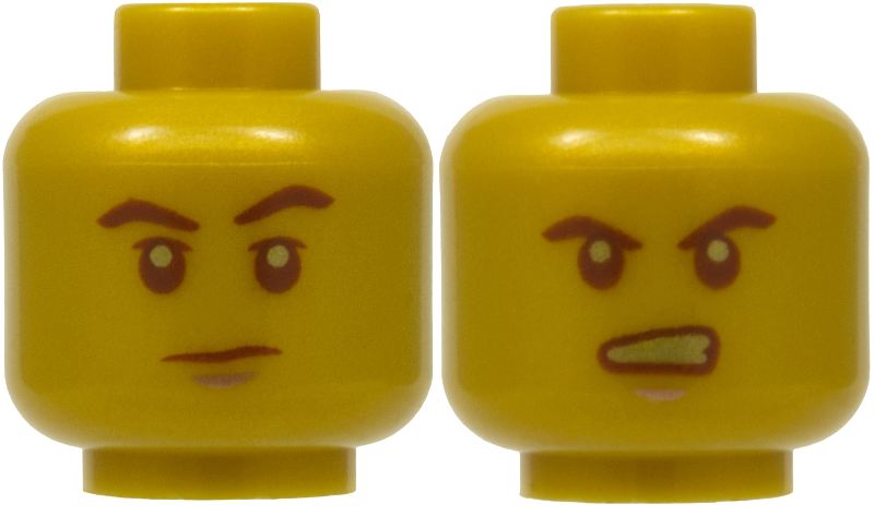 Pearl gold dual-sided head with dark brown eyebrows, a chin dimple, and an angry expression showing gold teeth.
