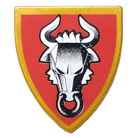 Minifigure, Shield Triangular Short with Silver and Black Adric Bull on Dark Red Background Pattern