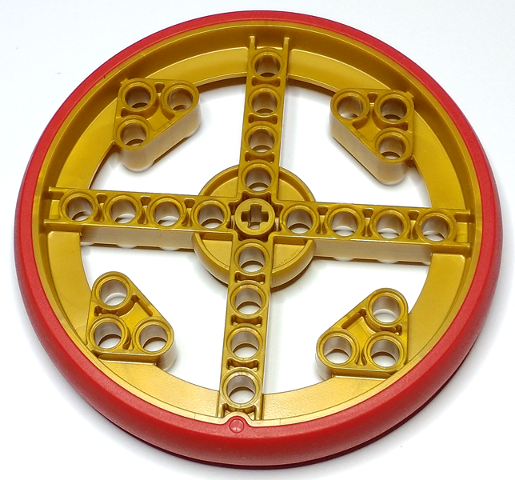 Wheel 88 x 14 Technic with Axle Hole and 28 Pin Holes with Molded Red Hard Rubber Tire Pattern