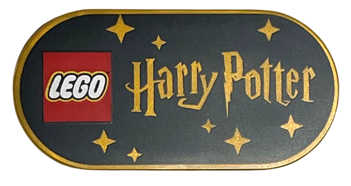 Tile, Round 2 x 4 Oval with LEGO Logo, 'Harry Potter', and Stars on Black Background Pattern