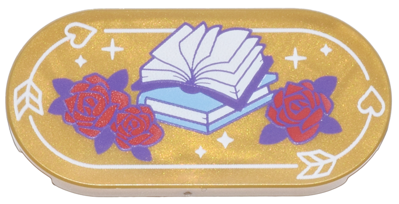 Tile, Round 2 x 4 Oval with Red Roses with Dark Purple Leaves, Medium Blue and Dark Purple Books with White Pages, Arrows with Hearts Pattern
