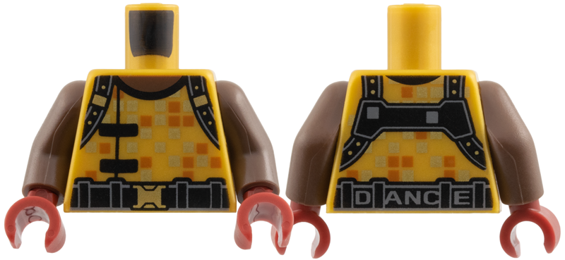 Pearl gold torso with a pixelated orange pattern, black suspenders, and a belt. Includes umber arms and dark red hands.
