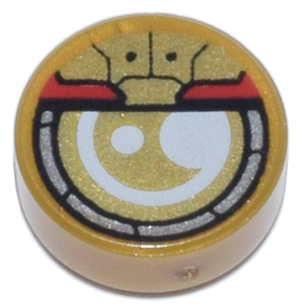 Tile, Round 1 x 1 with White, Silver, Red, and Gold Robotic Eye, Silver Outside Circle Pattern