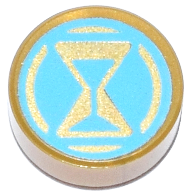 Tile, Round 1 x 1 with Gold and Medium Azure Hourglass and Circle Pattern