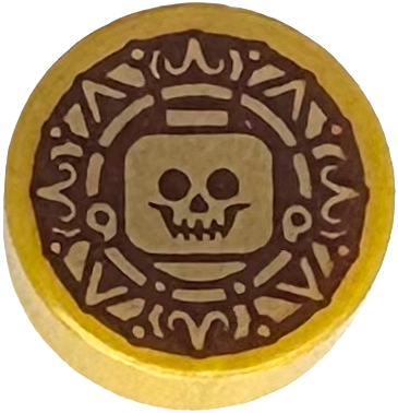 Tile, Round 1 x 1 with Dark Brown Aztec Gold Coin with Minifigure Skeleton Head Pattern