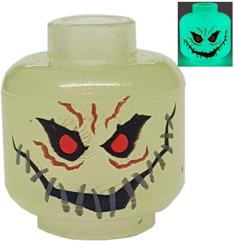 Minifigure, Head Alien with Red Eyes, Teeth and Wide Stitched Smile Pattern (Scarecrow)