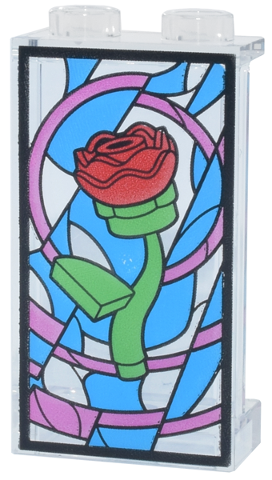 Panel 1 x 2 x 3 with Side Supports - Hollow Studs with Dark Azure and Dark Pink Stained Glass Window with Bright Green and Red Rose Pattern