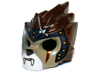 Minifigure, Headgear Mask Lion with Dark Tan Face, Dark Red Scar and Dark Blue Headpiece with Gold Circles Pattern
