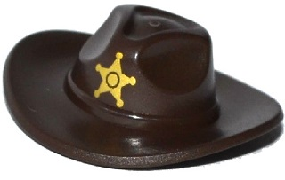 Minifigure, Headgear Hat, Very Wide Brim, Outback Style (Fedora) with Gold Sheriff Star Pattern