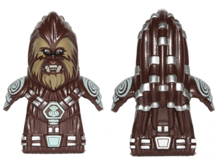 Minifigure, Head, Modified SW Wookiee, Chief Tarfful with Dark Tan Face Fur, Teeth and Silver Hair Ornaments Pattern