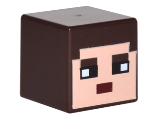Minifigure, Head, Modified Cube with Pixelated Light Nougat Face, Black Eyes, and Dark Red Mouth Pattern (Minecraft Skin)