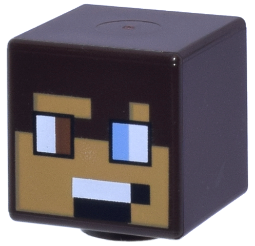 Minifigure, Head, Modified Cube with Pixelated Medium Nougat Face, Reddish Brown and Medium Blue Eyes, Black and White Mouth Pattern (Minecraft Safari Ranger)
