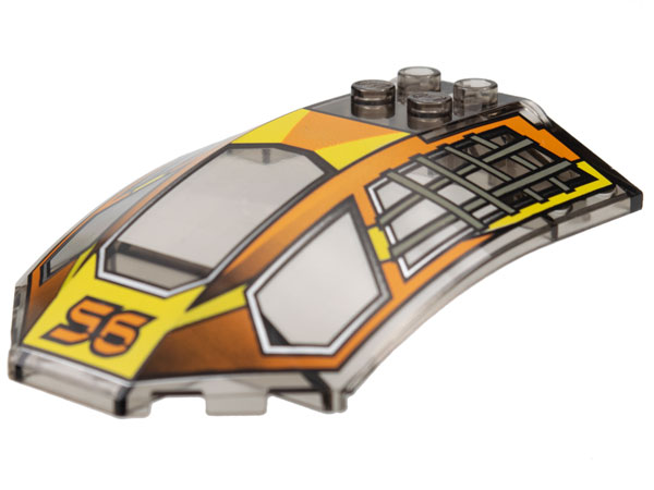 Windscreen 8 x 6 x 2 Curved Sloped Sides with Orange '56' on Yellow Background and Dark Gray Roll Cages Pattern