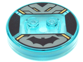 Dimensions Toy Tag 4 x 4 x 2/3 with 2 Studs and Trans-Light Blue Bottom with Black Batman Logo on Dark Bluish Gray Background, Gold Highlights Pattern (Batman)