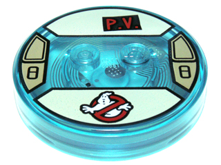 Dimensions Toy Tag 4 x 4 x 2/3 with 2 Studs and Trans-Light Blue Bottom with Ghostbusters Logo and Black Patch with Red 'P.V.' on Tan Background Pattern (Peter Venkman)