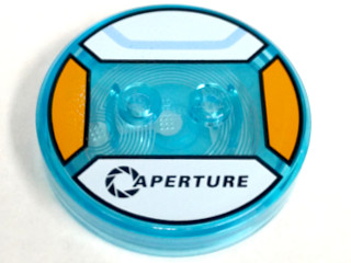 Dimensions Toy Tag 4 x 4 x 2/3 with 2 Studs and Trans-Light Blue Bottom with Black 'APERTURE' and Curved Bright Light Blue Line on White Background Pattern (Chell)