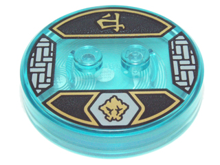 Dimensions Toy Tag 4 x 4 x 2/3 with 2 Studs and Trans-Light Blue Bottom with Gold Earth Gorilla Head Symbol in Light Bluish Gray Hexagon and Ninjago Logogram 'Earth' on Black Background Pattern (Cole)